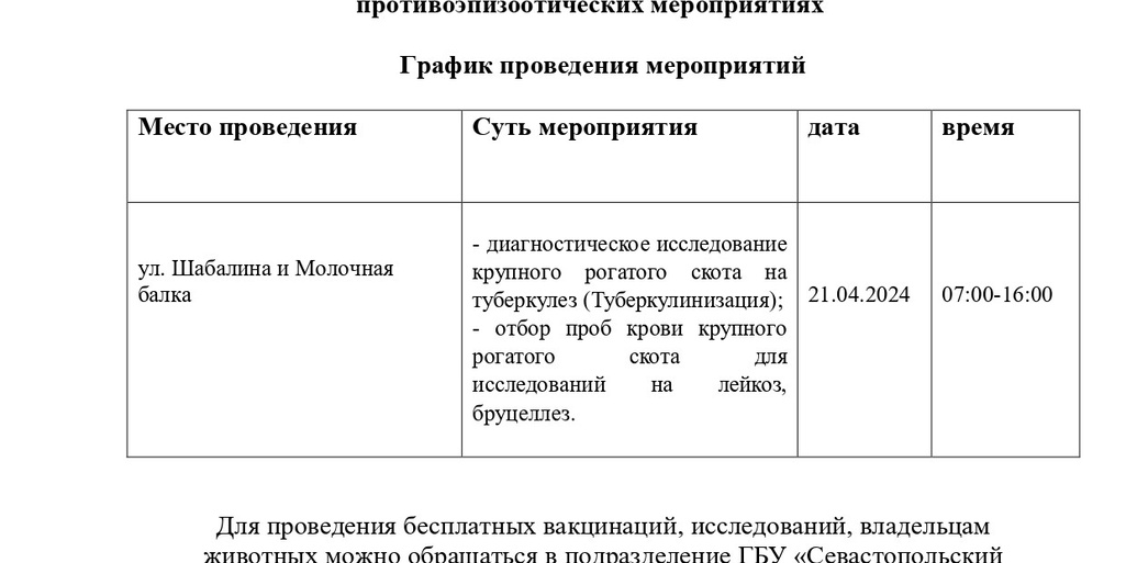 Управление ветеринарии города Севастополя информирует о бесплатных противоэпизоотических мероприятиях
