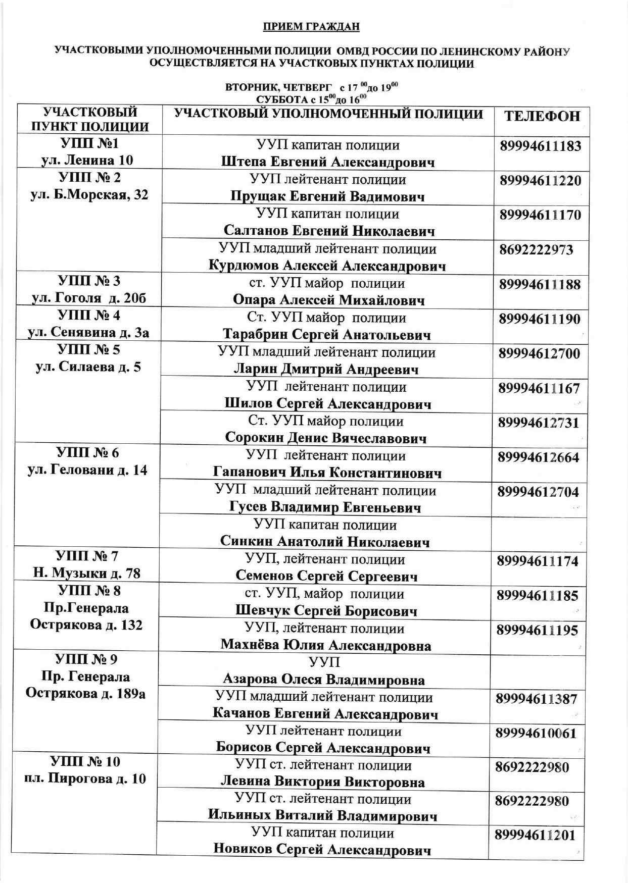 Информация об участковых пунктах полиции в Ленинском муниципальном округе